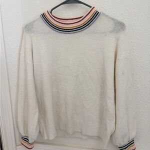 White Sweater with Multicolor Striped Accents